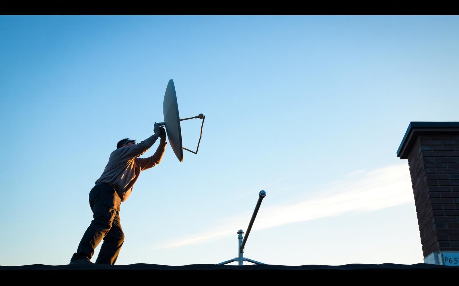 DSTV installer mounting a satellite dish at sunset in Pretoria
